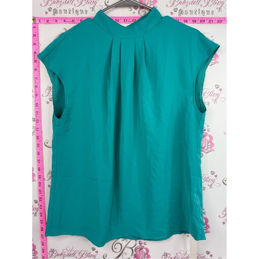 Funlingo shirt blue Sleeveless Pleated Mock Neck Top - Teal